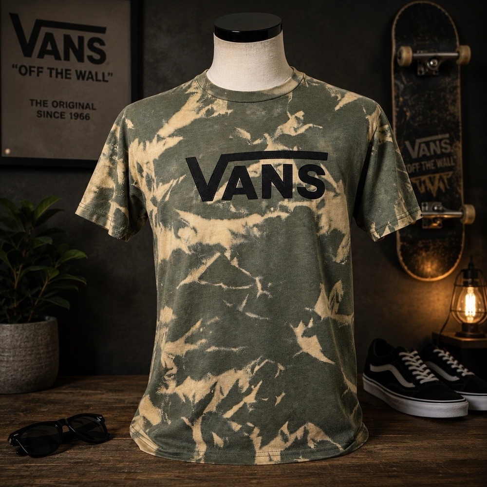 Vans Mens Medium Olive Camo Bleach Tie Dye Logo Graphic T Shirt Skate